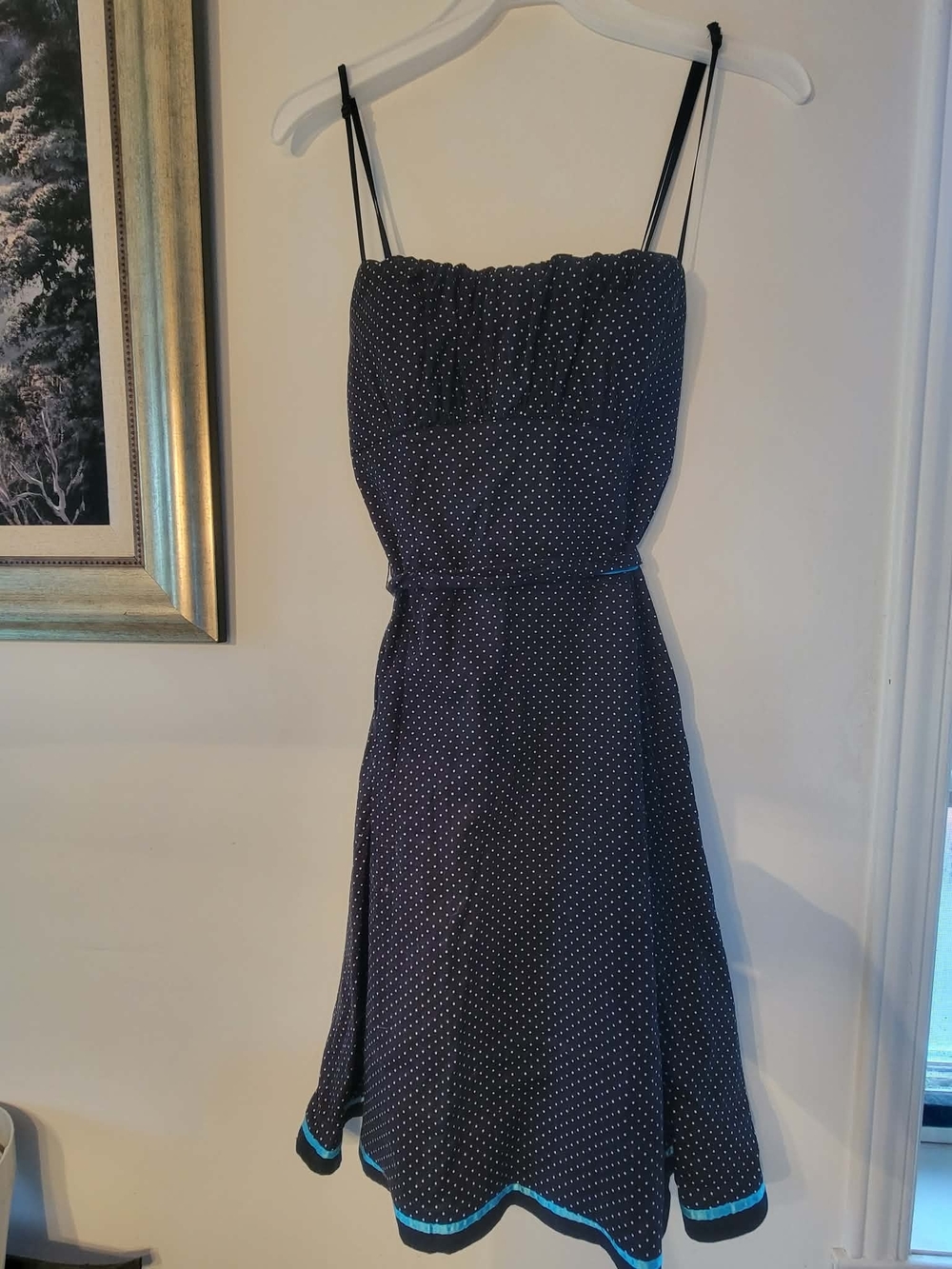 Oasis Navy Polka Dot Strap Spaghetti Dress with Turquoise Trim